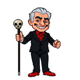 A very low-resolution, highly pixelated 8-bit sprite art character design of an older suave villain without any background