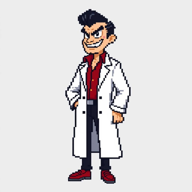 A very low-resolution, extremely pixelated 8-bit sprite art character design of a tall suave villain wearing a white lab coat, with no background