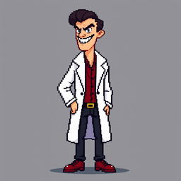 A very low-resolution, extremely pixelated 8-bit sprite art character design of a tall suave villain wearing a white lab coat, with no background