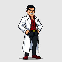 A very low-resolution, extremely pixelated 8-bit sprite art character design of a tall suave villain wearing a white lab coat, with no background