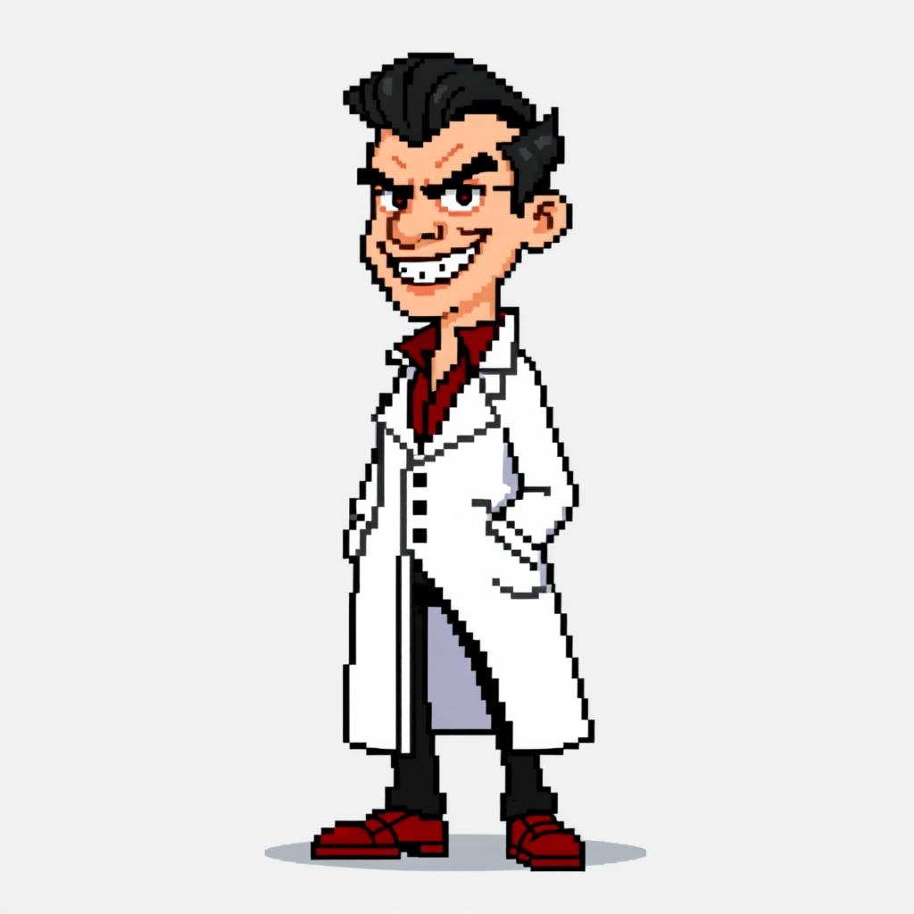 A very low-resolution, extremely pixelated 8-bit sprite art character design of a tall suave villain wearing a white lab coat, with no background