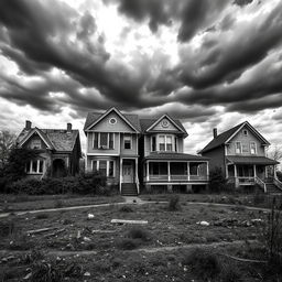 A stark black and white image depicting four houses in a row, set in an apocalyptic environment