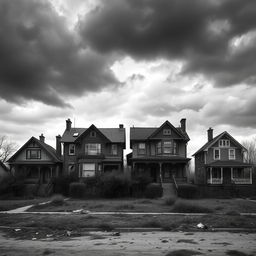A stark black and white image depicting four houses in a row, set in an apocalyptic environment