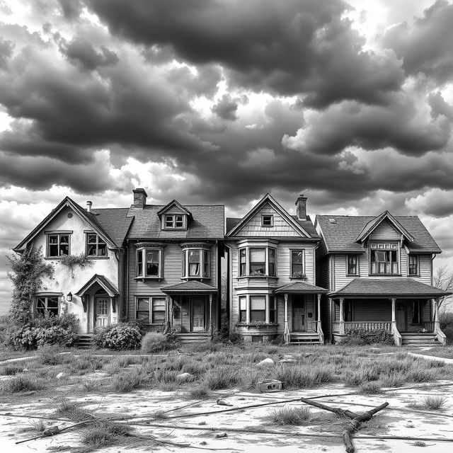 A stark black and white image depicting four houses in a row, set in an apocalyptic environment