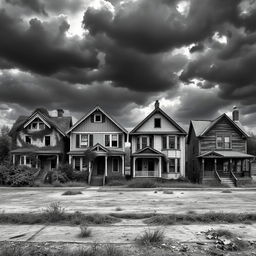 A stark black and white image depicting four houses in a row, set in an apocalyptic environment