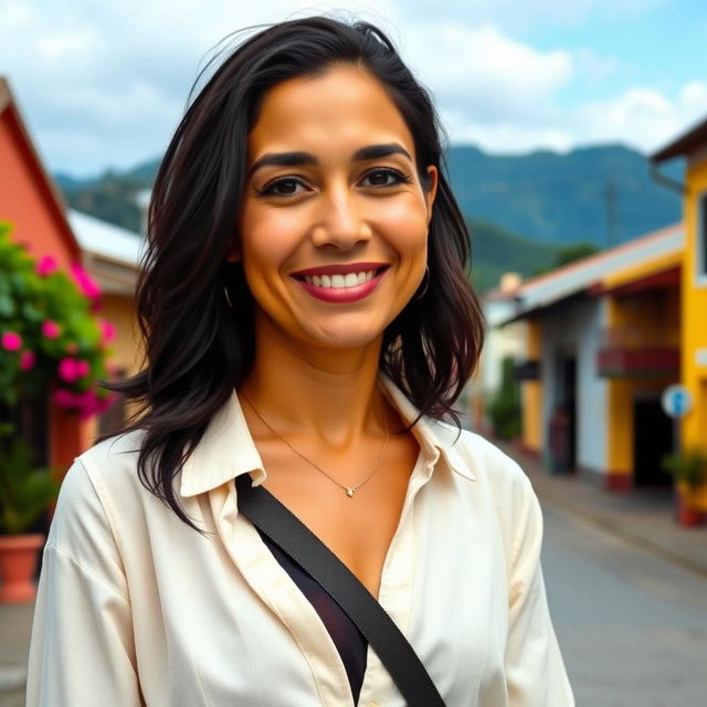 A beautiful Colombian woman, 45 years old, with dark hair and dressed in simple yet elegant clothing, standing in a full-body pose for a social media avatar