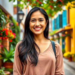 A beautiful Colombian woman, 45 years old, with dark hair and dressed in simple yet elegant clothing, standing in a full-body pose for a social media avatar