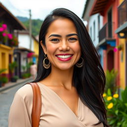 A beautiful Colombian woman, 45 years old, with dark hair and dressed in simple yet elegant clothing, standing in a full-body pose for a social media avatar