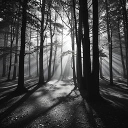 A serene forest with two diverging paths, captured in stunning black and white photography