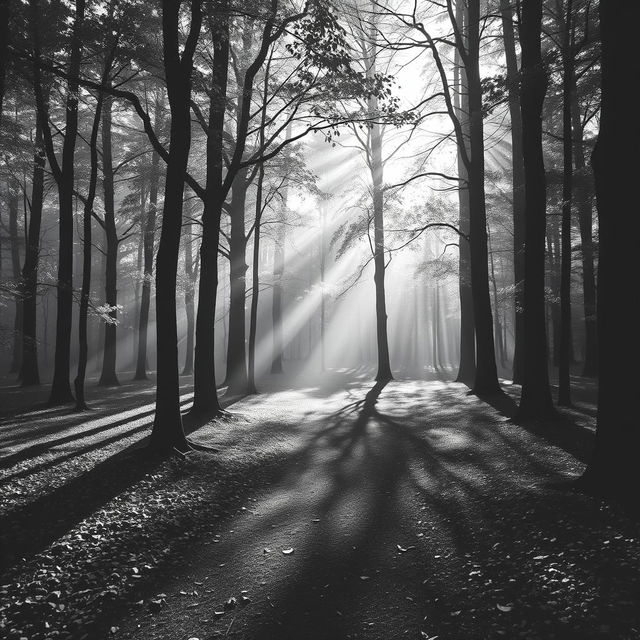 A serene forest with two diverging paths, captured in stunning black and white photography