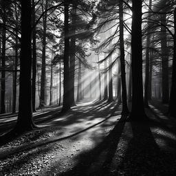 A serene forest with two diverging paths, captured in stunning black and white photography
