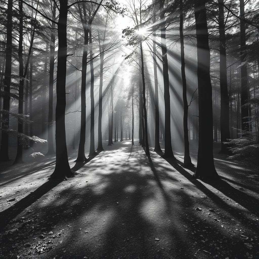 A serene forest with two diverging paths, captured in stunning black and white photography