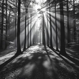 A serene forest with two diverging paths, captured in stunning black and white photography