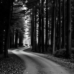 A serene forest scene depicted in black and white, featuring two distinct roads: one curving to the left and the other to the right
