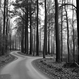 A serene forest scene depicted in black and white, featuring two distinct roads: one curving to the left and the other to the right