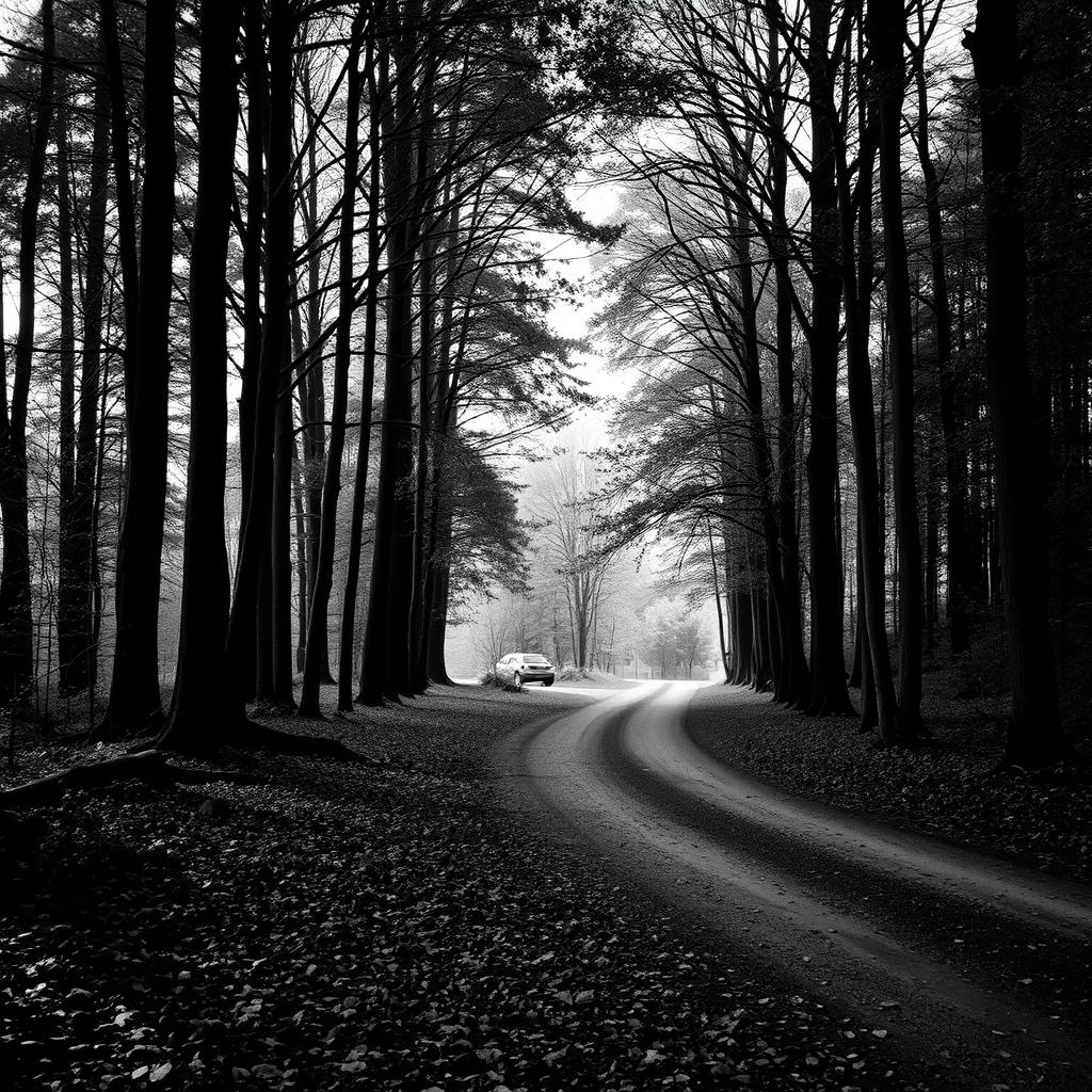 A serene forest scene depicted in black and white, featuring two distinct roads: one curving to the left and the other to the right