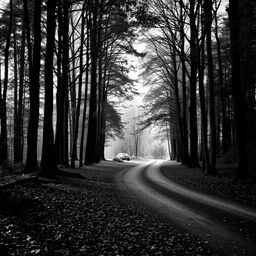 A serene forest scene depicted in black and white, featuring two distinct roads: one curving to the left and the other to the right