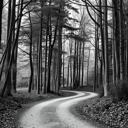 A serene forest scene depicted in black and white, featuring two distinct roads: one curving to the left and the other to the right