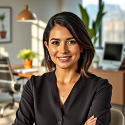 A beautiful Colombian woman, 45 years old, with dark hair and dressed in simple yet elegant clothing, sitting in an office setting for a social media avatar