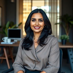 A beautiful Colombian woman, 45 years old, with dark hair and dressed in simple yet elegant clothing, sitting in an office setting for a social media avatar