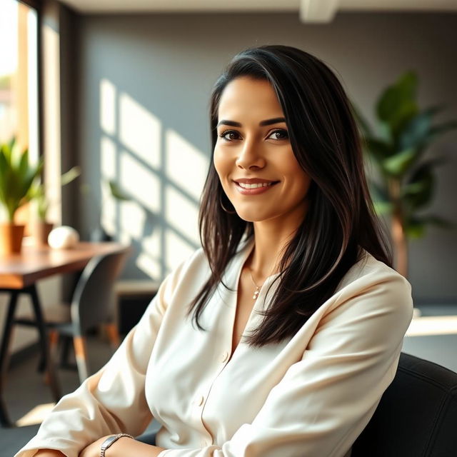 A beautiful Colombian woman, 45 years old, with dark hair and dressed in simple yet elegant clothing, sitting in an office setting for a social media avatar