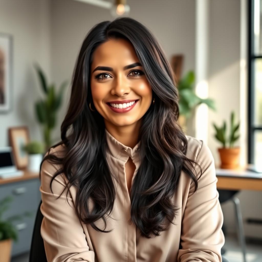 A beautiful Colombian woman, 45 years old, with dark hair and dressed in simple yet elegant clothing, sitting in an office setting for a social media avatar