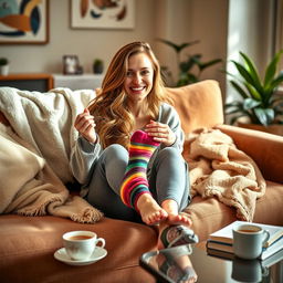 A woman in a cozy living room, sitting on a plush couch, playfully removing her colorful socks