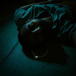 A dramatic scene depicting a man lying on the floor, wearing a black face mask, lifeless