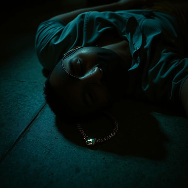 A dramatic scene depicting a man lying on the floor, wearing a black face mask, lifeless