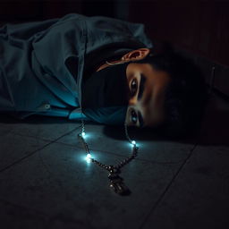 A dramatic scene depicting a man lying on the floor, wearing a black face mask, lifeless