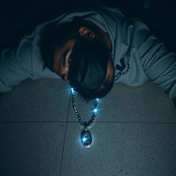 A dramatic scene depicting a man lying on the floor, wearing a black face mask, lifeless