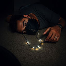 A dramatic scene depicting a man lying on the floor, wearing a black face mask, lifeless