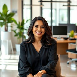 A beautiful Colombian woman, 45 years old, with dark hair and dressed in simple yet elegant clothing, sitting in an office setting for a social media avatar