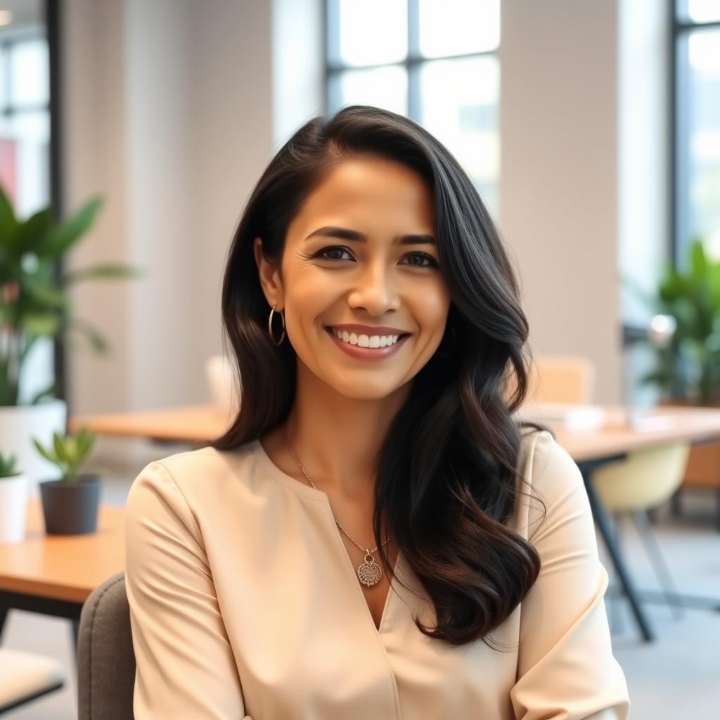 A beautiful Colombian woman, 45 years old, with dark hair and dressed in simple yet elegant clothing, sitting in an office setting for a social media avatar