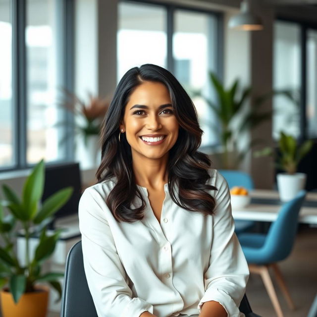 A beautiful Colombian woman, 45 years old, with dark hair and dressed in simple yet elegant clothing, sitting in an office setting for a social media avatar