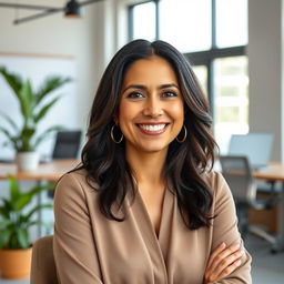 A beautiful Colombian woman, 45 years old, with dark hair and dressed in simple yet elegant clothing, sitting in an office setting for a social media avatar