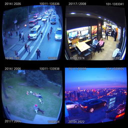 A series of CCTV shots capturing various moments in an urban setting