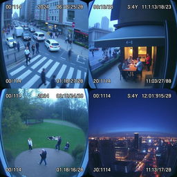 A series of CCTV shots capturing various moments in an urban setting