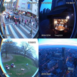 A series of CCTV shots capturing various moments in an urban setting