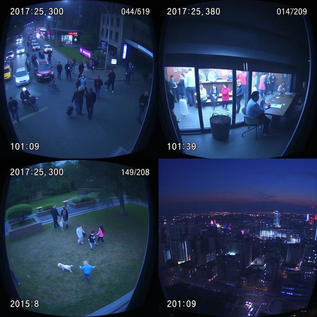 A series of CCTV shots capturing various moments in an urban setting