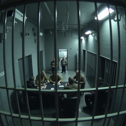 A dramatic and tense scene captured from CCTV footage inside a prison