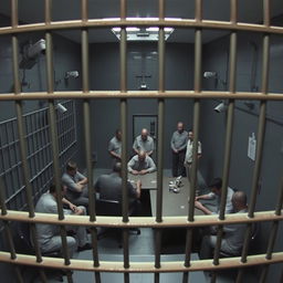 A dramatic and tense scene captured from CCTV footage inside a prison