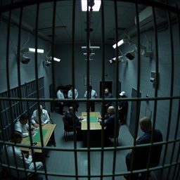 A dramatic and tense scene captured from CCTV footage inside a prison