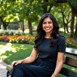 A beautiful Colombian woman, 45 years old, with dark hair and dressed in simple yet elegant clothing, sitting on a bench in a park for a social media avatar