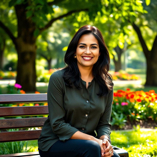 A beautiful Colombian woman, 45 years old, with dark hair and dressed in simple yet elegant clothing, sitting on a bench in a park for a social media avatar