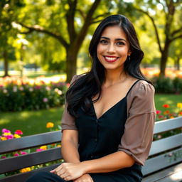 A beautiful Colombian woman, 45 years old, with dark hair and dressed in simple yet elegant clothing, sitting on a bench in a park for a social media avatar