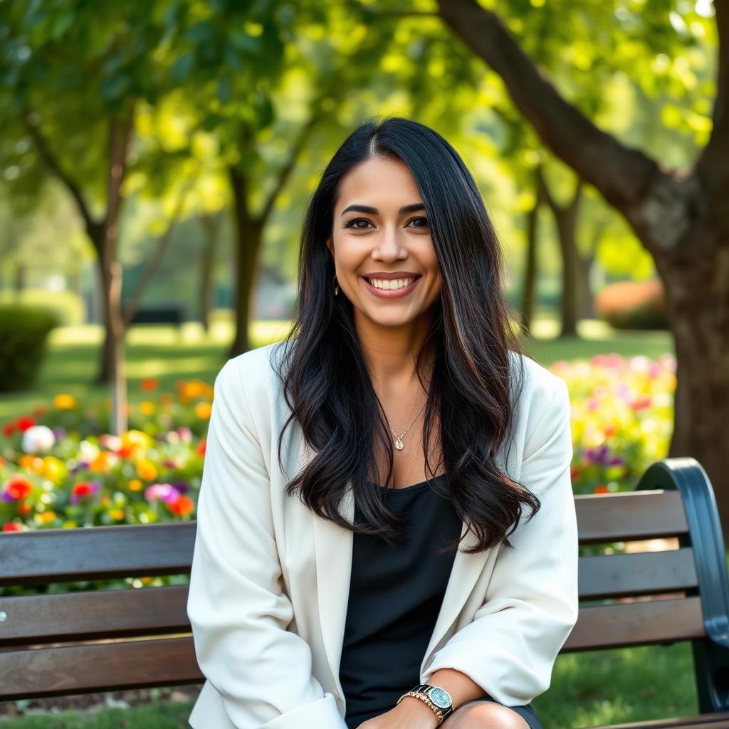 A beautiful Colombian woman, 45 years old, with dark hair and dressed in simple yet elegant clothing, sitting on a bench in a park for a social media avatar