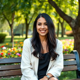 A beautiful Colombian woman, 45 years old, with dark hair and dressed in simple yet elegant clothing, sitting on a bench in a park for a social media avatar