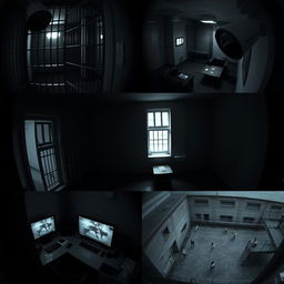 A series of CCTV shots from inside a prison, showcasing the different areas such as a dimly lit cell block with metal bars, a sparsely furnished inmate cell with a small window, a common area with inmates engaging in activities, a guard station monitoring the security feeds, and the prison yard featuring inmates under watch