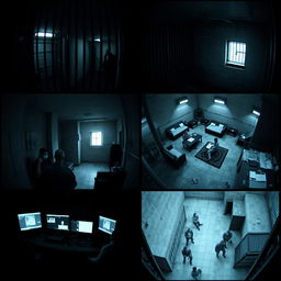 A series of CCTV shots from inside a prison, showcasing the different areas such as a dimly lit cell block with metal bars, a sparsely furnished inmate cell with a small window, a common area with inmates engaging in activities, a guard station monitoring the security feeds, and the prison yard featuring inmates under watch